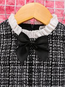 SHEIN 女嬰格紋印花前蝴蝶結喇叭袖假兩件洋裝 - 黑與白 - 查看 4