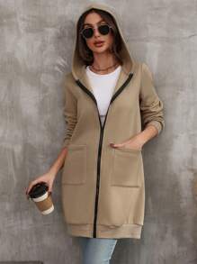 SHEIN Frenchy 雙口袋拉鏈連帽衫 - 卡其色 - 查看 3