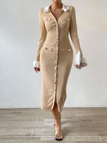 SHEIN Essnce Contrast Collar Flounce Sleeve Button Through Ribbed Knit Bodycon Dress - Apricot - View 5