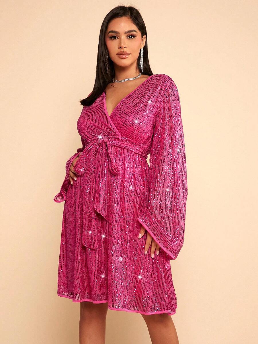 SHEIN Maternity Surplice Neck Belted Sequin Dress - Pink - View 1