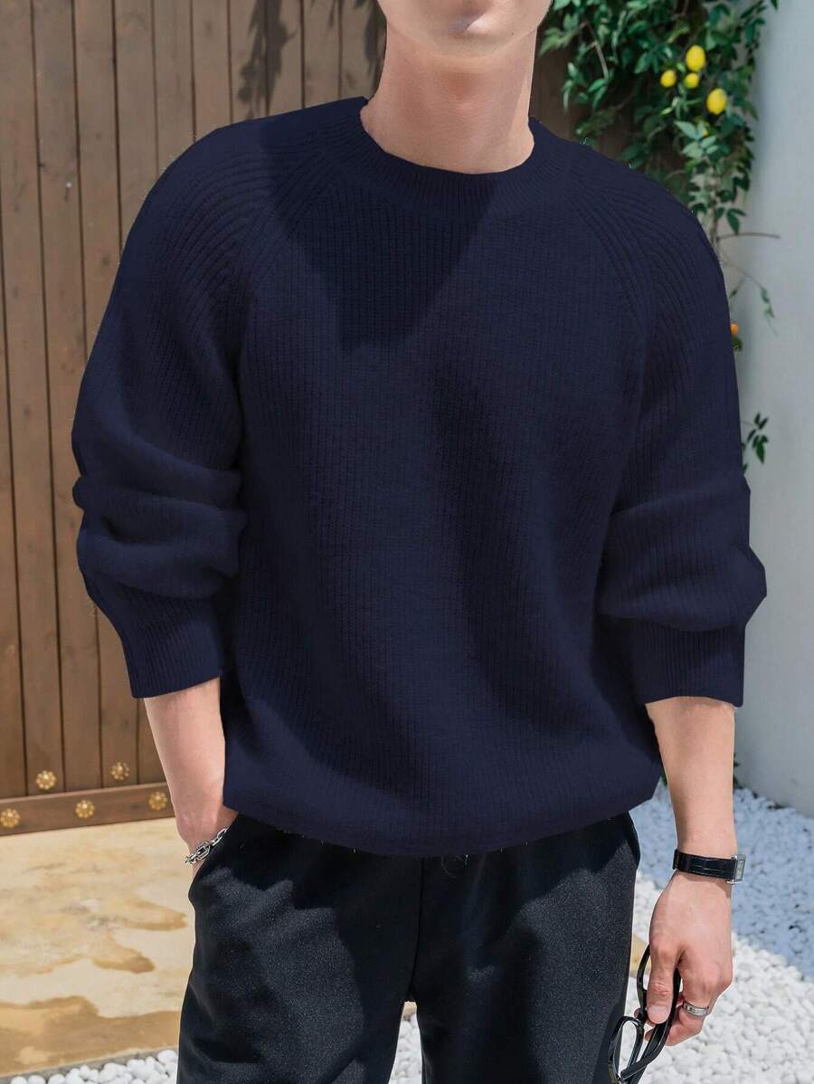 DAZY Men Solid Raglan Sleeve Sweater,Fall Clothes - Navy Blue - View 1