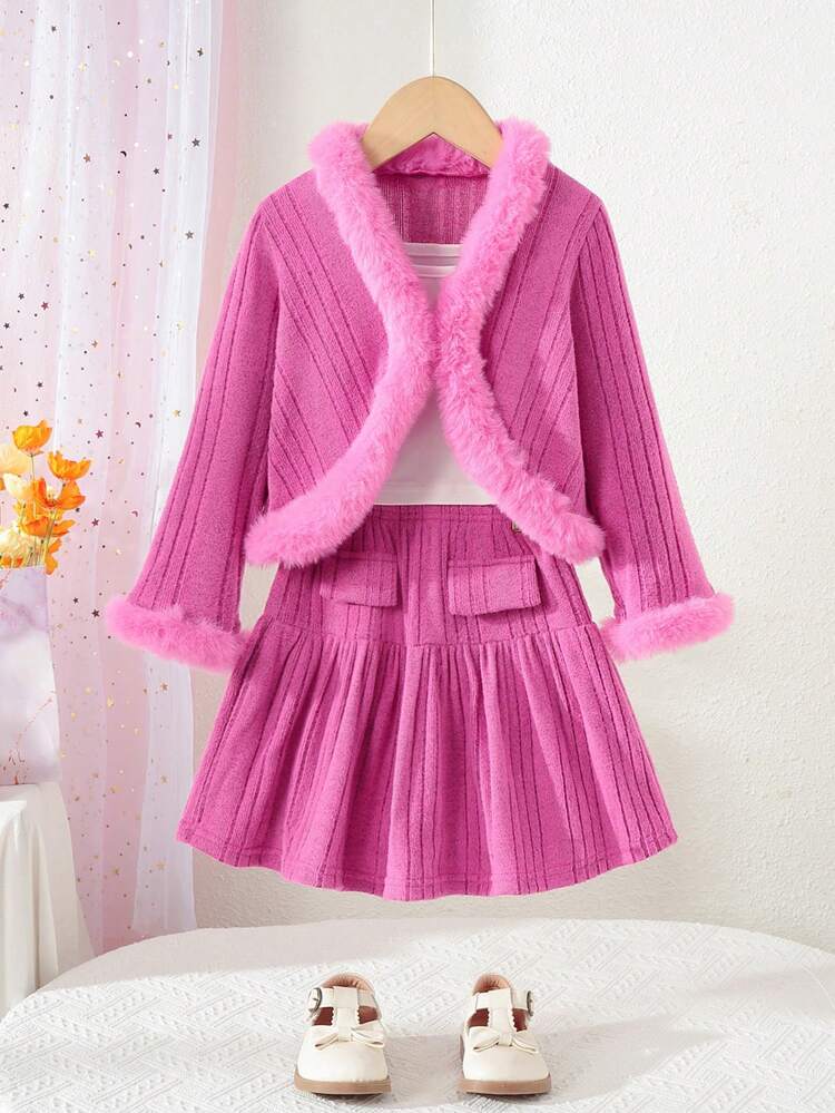 Young Girl Fuzzy Trim Jacket & Flap Detail Skirt & Cami Top