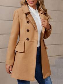 EMERY ROSE Double Breasted Flap Detail Overcoat - Khaki - View 6