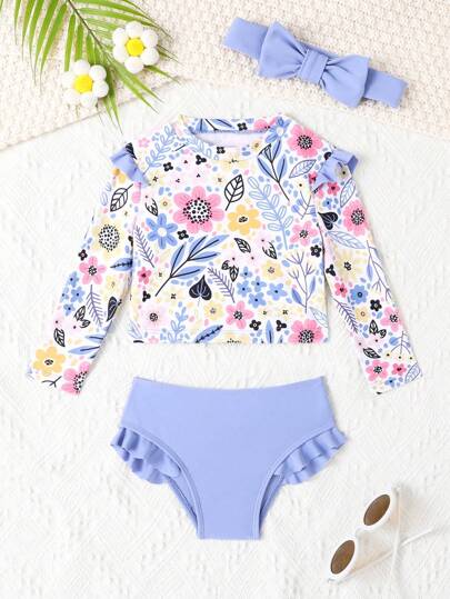 Baby Girls Long Sleeve Tankini Swimsuit, Showcasing Sweetness | Summer Vacation Style, Girls Ruffled 2 Pieces Swimwear Set With Headband For Adorable Look