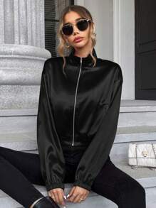 SHEIN Essnce Zip Up Drop Shoulder Satin Jacket In Fall/Winter - Black - View 4