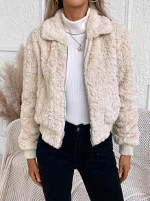 SHEIN LUNE Abrigo con cremallera de hombros caídos de peluche