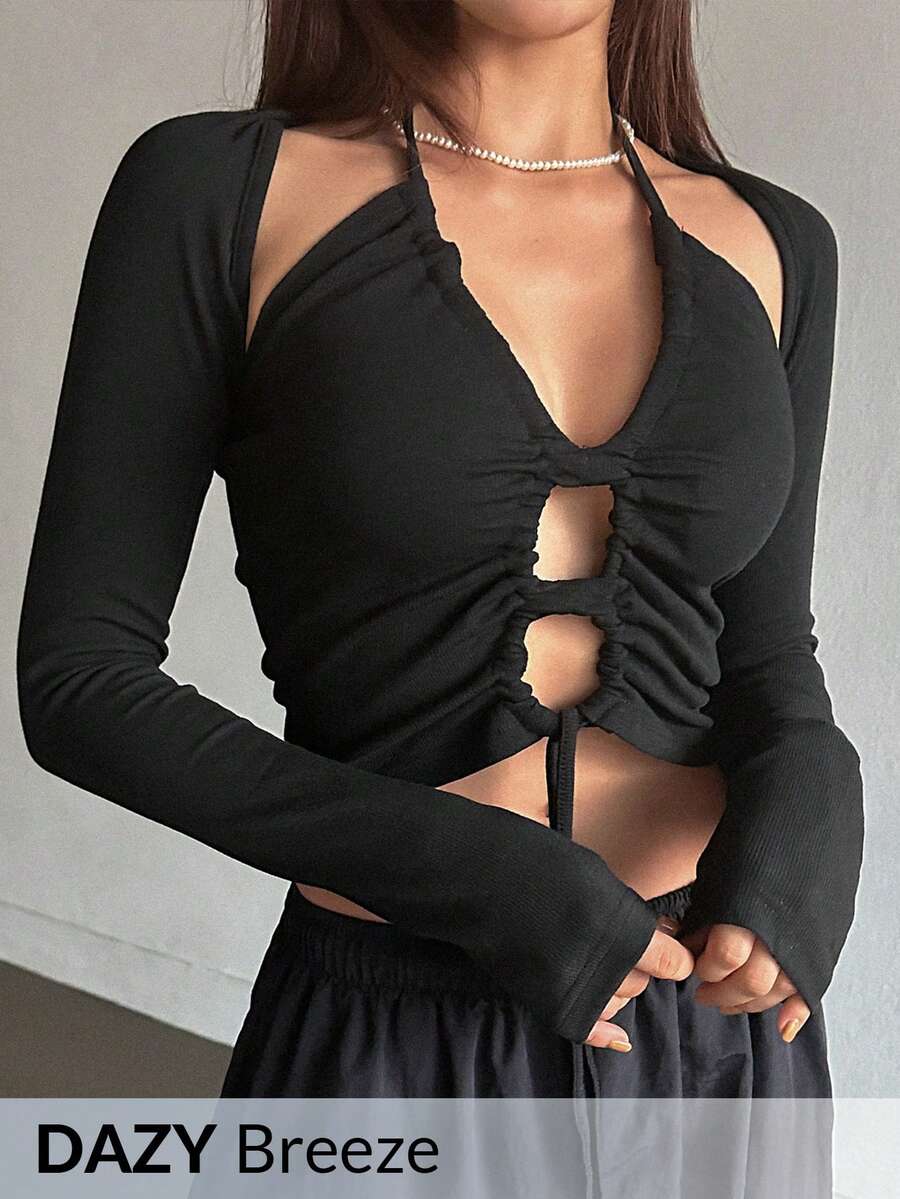 DAZY Drawstring Front Crop Halter Top & Bolero - Black - View 1
