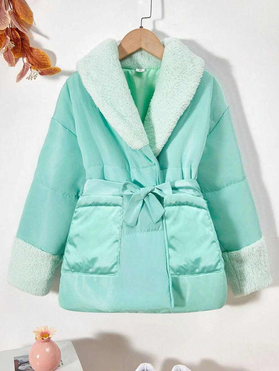 SHEIN Tween Girl Borg Collar Drawstring Waist Drop Shoulder Belted Padded Coat - Green - View 1