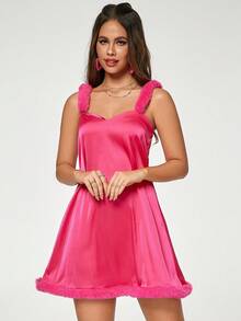 毛絨飾邊緞面吊帶洋裝 - 粉色 - 查看 6