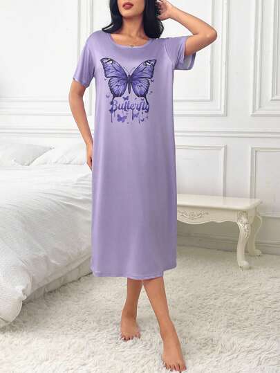 Butterfly Slogan Graphic Pajama Nightdress Long Dress, Moo Sleep Dress view 3