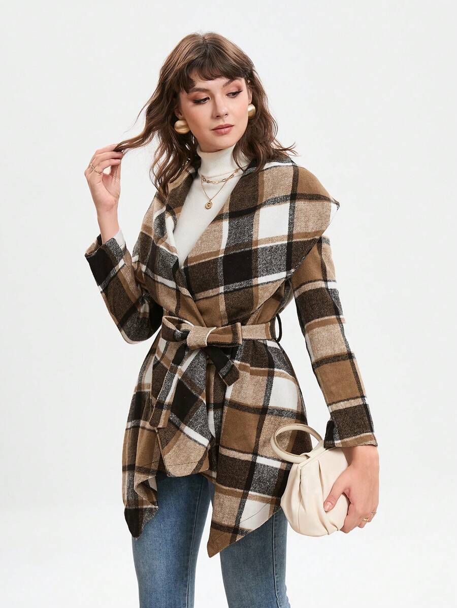 GENKIRA In kẻ sọc Cổ áo thác nước Thắt lưng Áo khoác - Nhiều màu - Xem 1