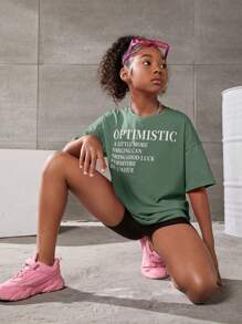 SHEIN Tween Girls Slogan Graphic Drop Shoulder Oversize Tee - Army Green - View 1