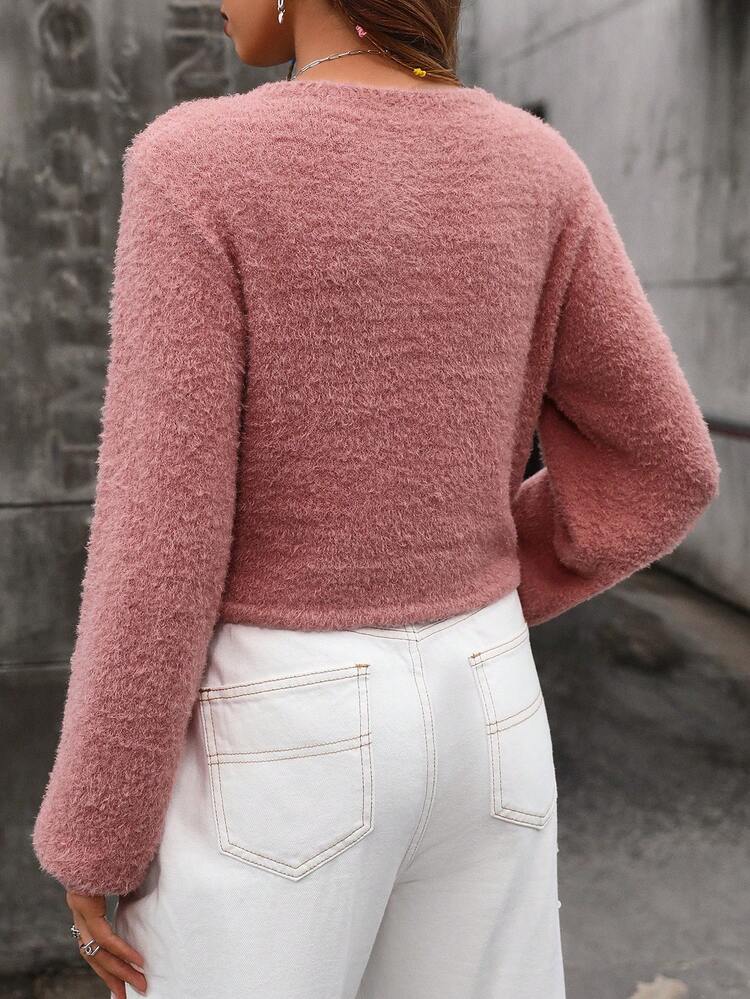 Drawstring Ruched Front Lantern Sleeve Fuzzy Knit Pullover Fall Winter Sweater
