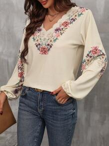 SHEIN LUNE Floral Print Lantern Sleeve Sweatshirt - Apricot - View 4