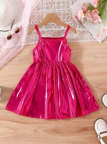 SHEIN Young Girl Solid Metallic Cami Dress Summer Holiday - Hot Pink - View 1