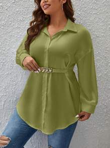 SHEIN Privé Plus Drop Shoulder Metal Linked Waist Curved Hem Blouse - Green - View 4