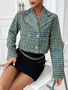 SHEIN Privé Plaid Double Breasted Crop Blazer - Blue and White - View 5