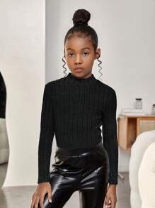 SHEIN Leap Crew Tween Girl Áo thun dài tay màu trơn có cổ đứng - màu đen - Xem 3