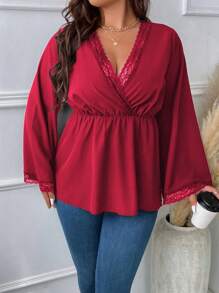 Celure Plus Contrast Lace Flare Sleeve Overlap Collar Peplum Hem Blouse - Red - View 4