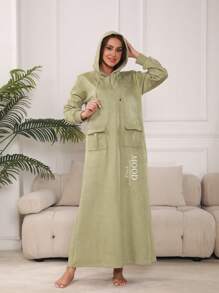 Letter Graphic Flap Pocket Drawstring Hooded Dress - Green - View 1