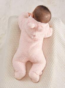 SHEIN Baby Girl Rabbit Patched D Ear Design Hooded Teddy Jumpsuit - Pink - View 2