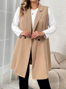 SHEIN Franclia Talla grande Abrigo chaleco de cuello con solapa con botones - Caqui - Ver 4