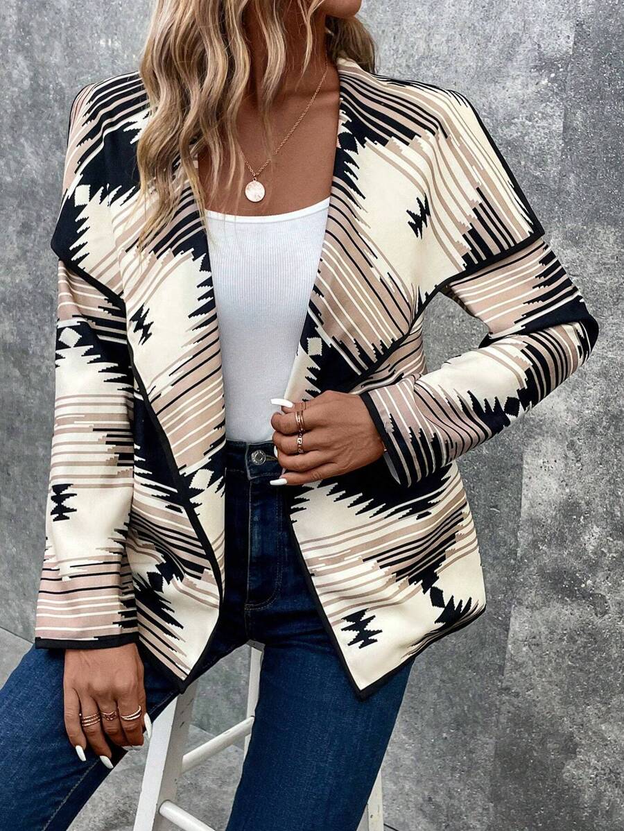 SHEIN LUNE Abrigo con estampado geométrico de cuello cascada con parte delantera abierta - Multicolor - Ver 1
