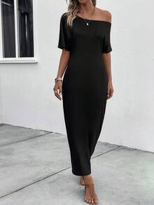 SHEIN Clasi Solid Asymmetrical Neck Batwing Sleeve Fitted Dress - Black - View 5