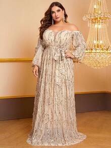 YISIKADO Plus Off Shoulder Belted Sequin Prom Dress - Champagne - View 6