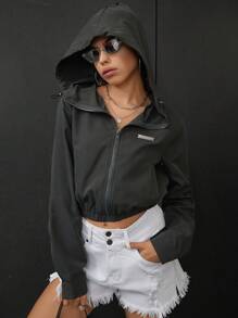 SHEIN EZwear 字母補丁細節拉鏈開襟短款連帽夾克 - 灰色 - 查看 2