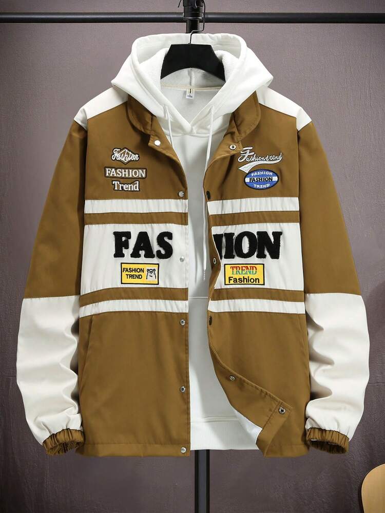 Loose Fit Men's Letter Print Colorblocked Jacket Without Hood