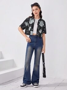 SHEIN Teen Girl Figure Graphic Button Front Shirt