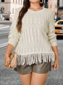 Celure Plus Fringe Trim Pointelle Knit Drop Shoulder Sweater - Beige - View 1