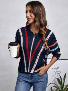 SHEIN LUNE Jersey de punto calado con estampado de rayas para otoño e invierno - azul real - Ver 3