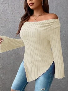 Celure Plus Off Shoulder Lettuce Trim Asymmetrical Hem Tee - Beige - View 6