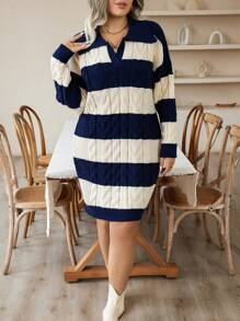SHEIN LUNE Plus Two Tone Cable Knit Drop Shoulder Sweater Dress - Blue and White - View 3