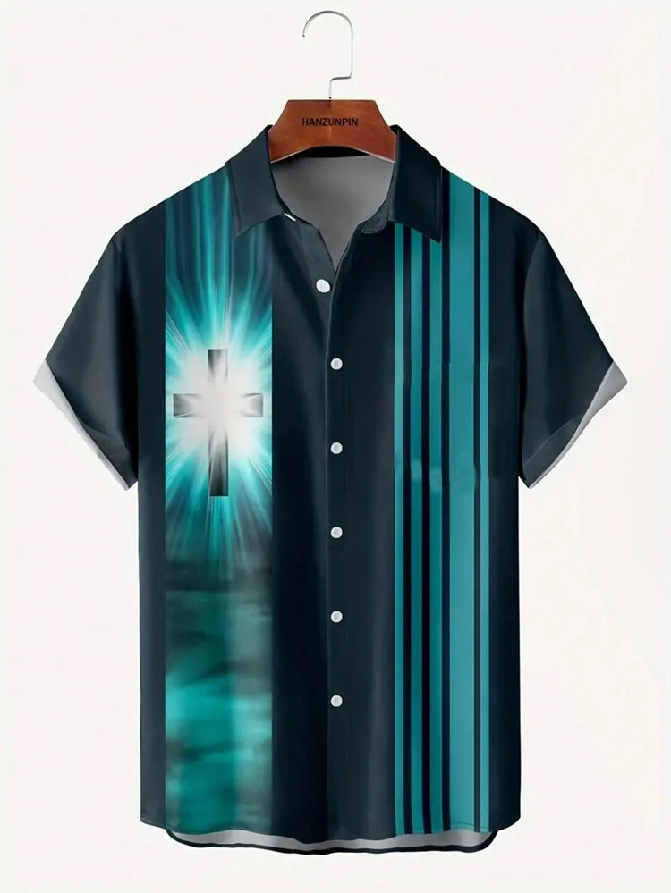 Men Plus Striped & Cross Print Shirt