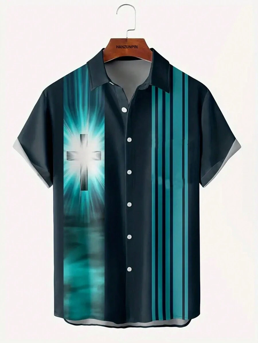 Manfinity Homme Men Plus Striped & Cross Print Shirt - Green - View 1