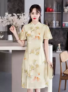 復古旗袍中式長裙 - 淺灰色 - 查看 1