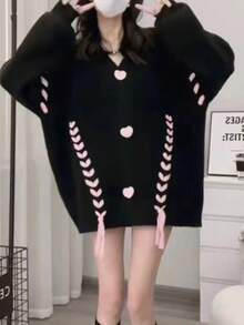 系带落肩开衫、长袖上衣 - 黑色 - 查看 3