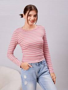 SHEIN Teen Girl Casual Phong cách đại học Ruched cổ tròn sọc & áo thun dài tay in - Hồng - Xem 5
