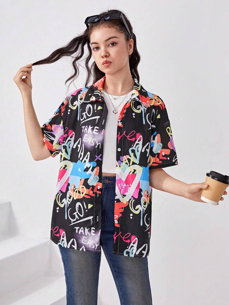 Teen Girl Graffiti Print Drop Shoulder Shirt