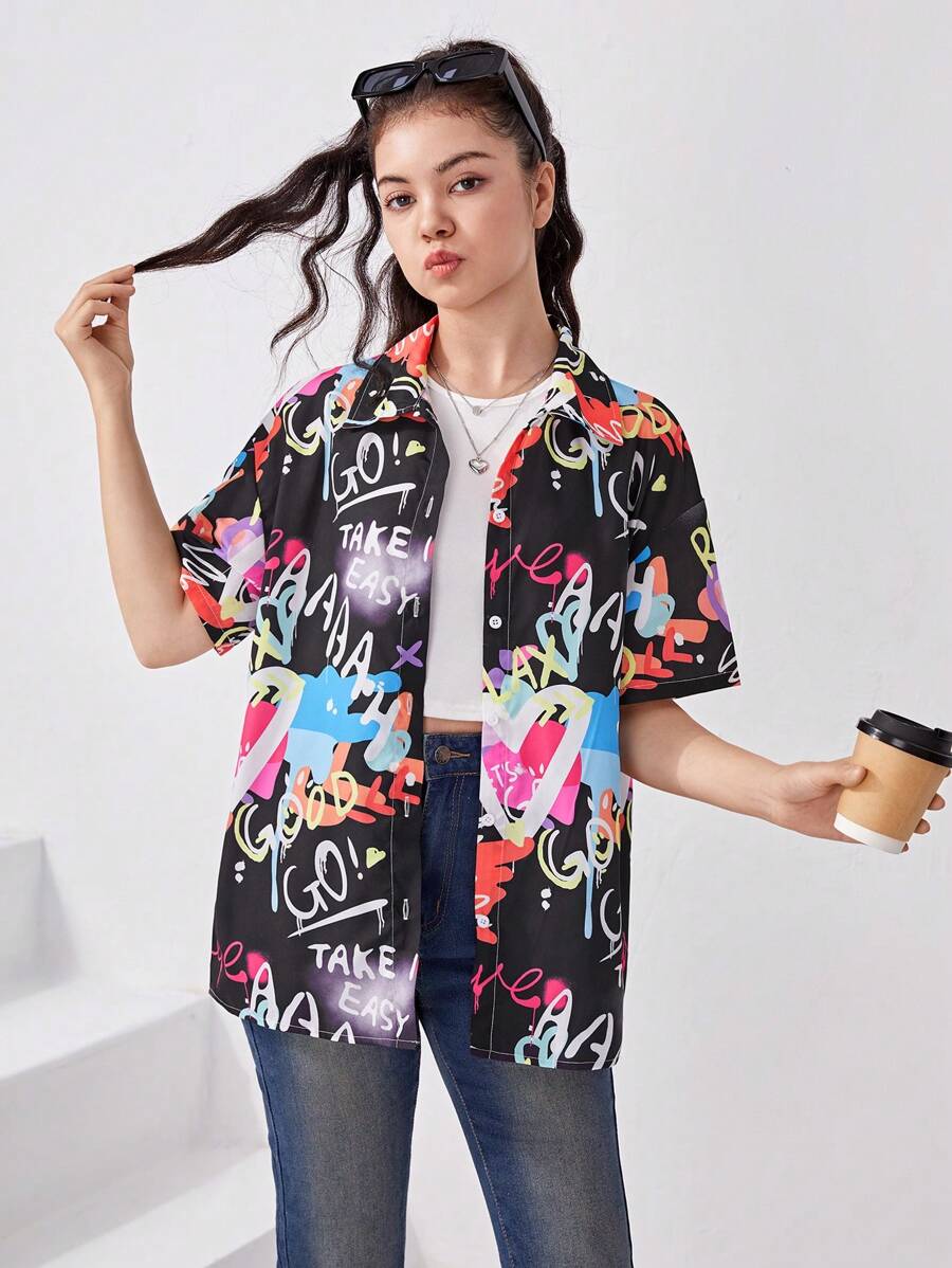SHEIN Áo sơ mi trễ vai in hình cô gái tuổi teen Graffiti - màu đen - Xem 1