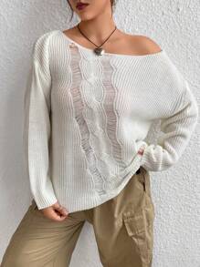 Flirla Pull tricoté à mailles côtelées avec épaules tombantes, pull-over tricoté pour l'automne et l'hiver - Blanc - Voir 1