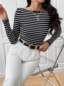 SHEIN Essnce 條紋印花船領T恤 - 黑色 - 查看 6