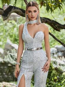 Double Crazy Một bờ vai Tách đùi Kim sa Buổi tiệc Áo liền quần - Bạc - Xem 4
