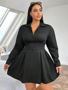 SHEIN EZwear Hơn Chất rắn Chi tiết xếp li Váy sơ mi - màu đen - Xem 6