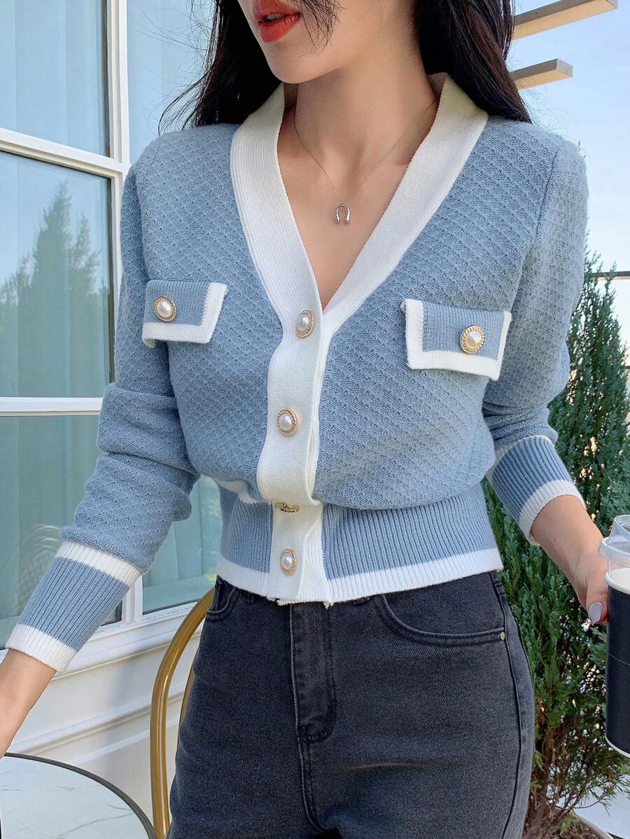 DAZY Autumn/Winter Casual Business Color Block Trim Cardigan,Long Sleeve Tops