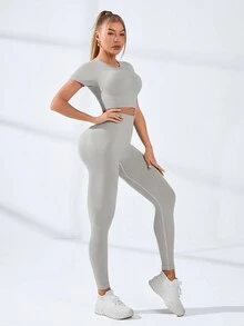 Easithlete 無縫高彈力運動套裝 - 灰色 - 查看 5
