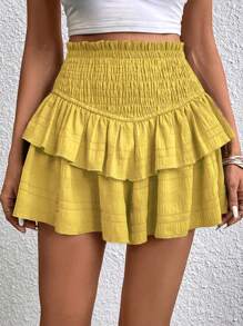 SHEIN VCAY Nếp gấp cao eo Viền Ruffle Váy quần - Màu vàng - Xem 1